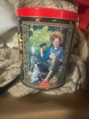 Coca-Cola Painted Boy & Dog Tin with Red Lid